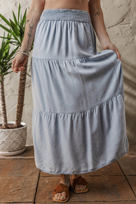 Lisa Tiered Smocked High Waist Denim Maxi Skirt
