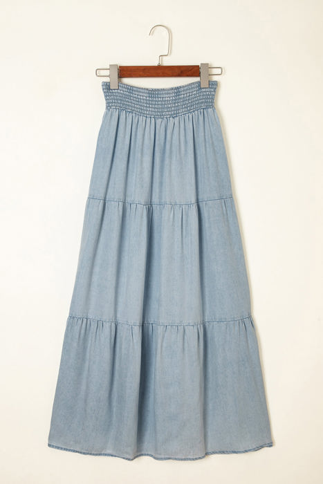 Lisa Tiered Smocked High Waist Denim Maxi Skirt