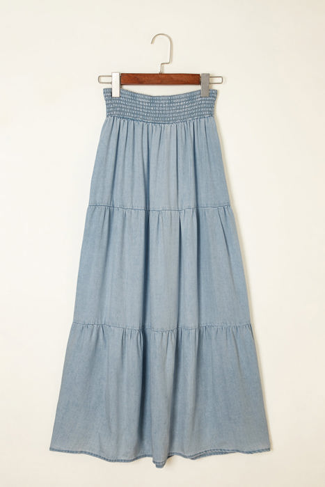 Lisa Tiered Smocked High Waist Denim Maxi Skirt