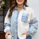 Sky Blue 2X Livia Striped Patchwork Casual PLUS Shirt
