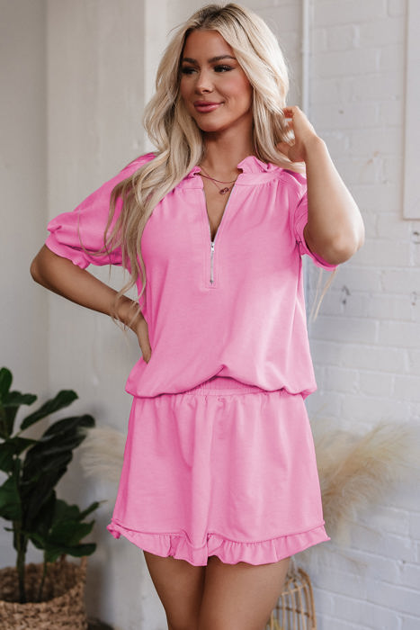 Lorelei Half Zip Puff Sleeve Top and Ruffled Shorts Set