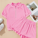  Lorelei Half Zip Puff Sleeve Top and Ruffled Shorts Set