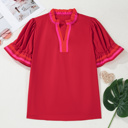 Fiery Red XL Luciana Ruffled Short Sleeve Blouse