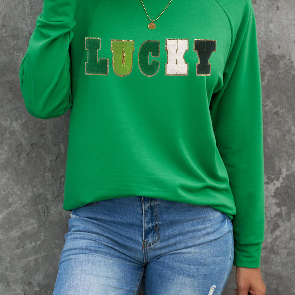 LUCKY Chenille Embroidered Graphic Sweatshirt