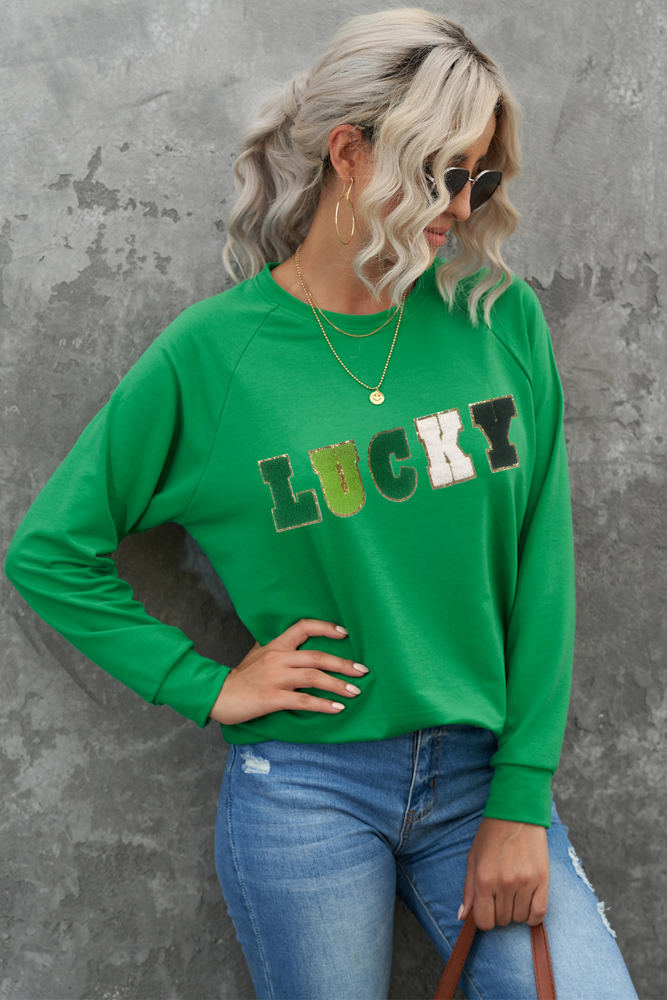 LUCKY Chenille Embroidered Graphic Sweatshirt