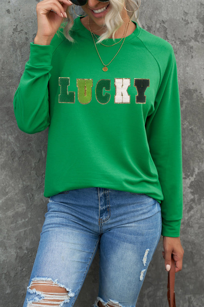 LUCKY Chenille Embroidered Graphic Sweatshirt