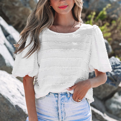 Luella Frilled Lace Trim Bubble Sleeve Blouse