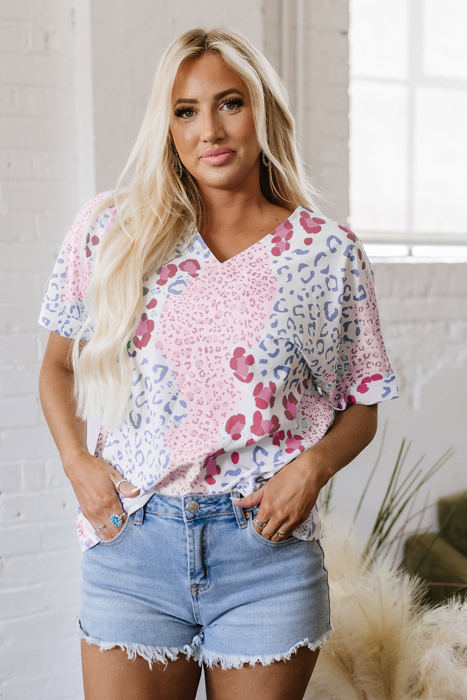 Luisa Leopard V Neck Short Sleeve Blouse