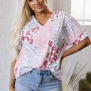 Pink XL Luisa Leopard V Neck Short Sleeve Blouse