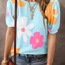 Blue Large Macy Flower Print Bubble Sleeve Tee