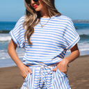 Sky Blue Stripe Small Madalyn Knitted Short Sleeve Top