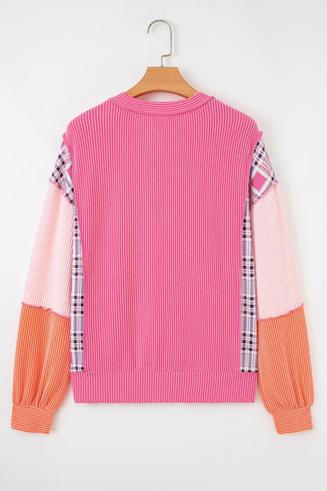 Maddie Texture Colorblock Patchwork Long Sleeve PLUS Top