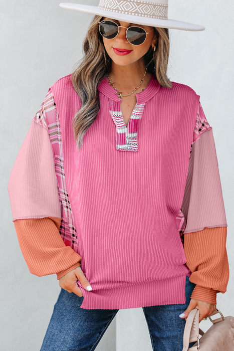 Maddie Texture Colorblock Patchwork Long Sleeve PLUS Top