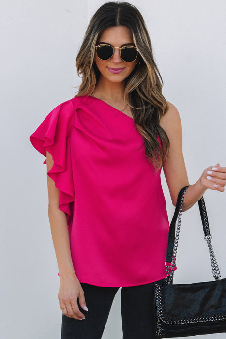 Madelynn Asymmetric Shoulder Ruffle Sleeve Blouse