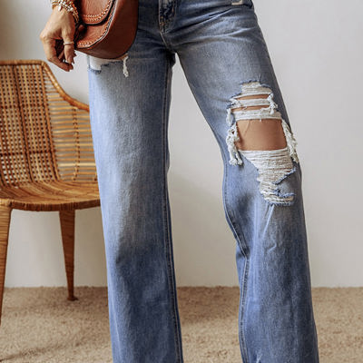 Madilyn Distressed Raw Hem Straight Leg High Waist Jeans