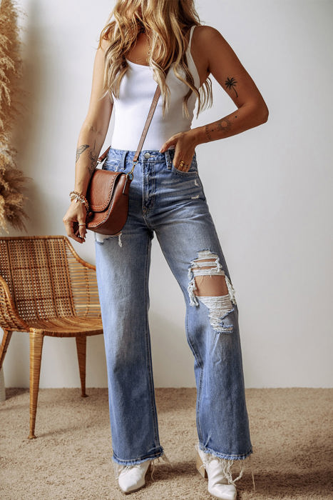 Madilyn Distressed Raw Hem Straight Leg High Waist Jeans