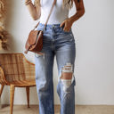  Madilyn Distressed Raw Hem Straight Leg High Waist Jeans