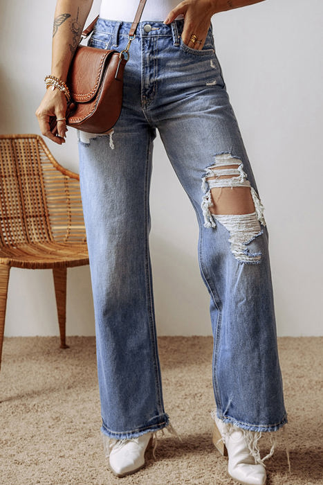 Madilyn Distressed Raw Hem Straight Leg High Waist Jeans