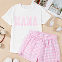  MAMA Printed Tee and Plaid Shorts Lounge Set