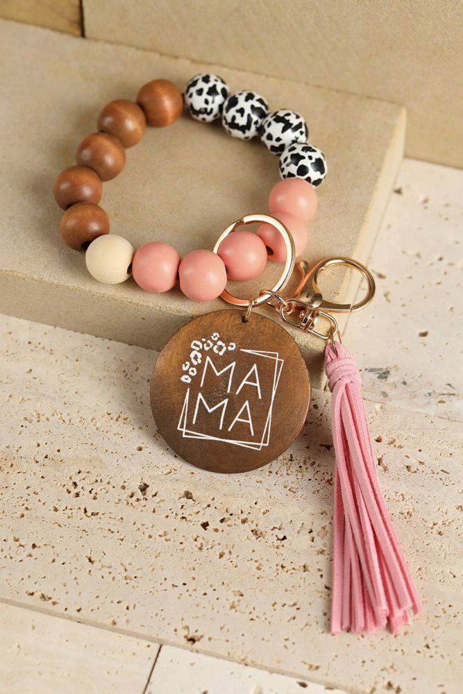 MAMA Wood Pendant Leopard Fringe Keychain