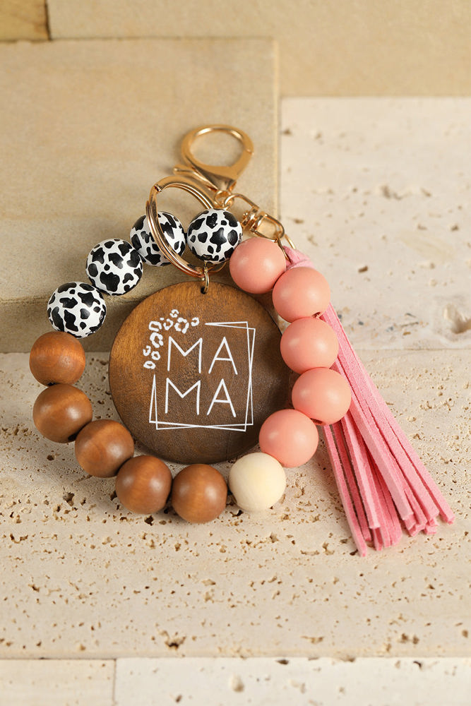 MAMA Wood Pendant Leopard Fringe Keychain