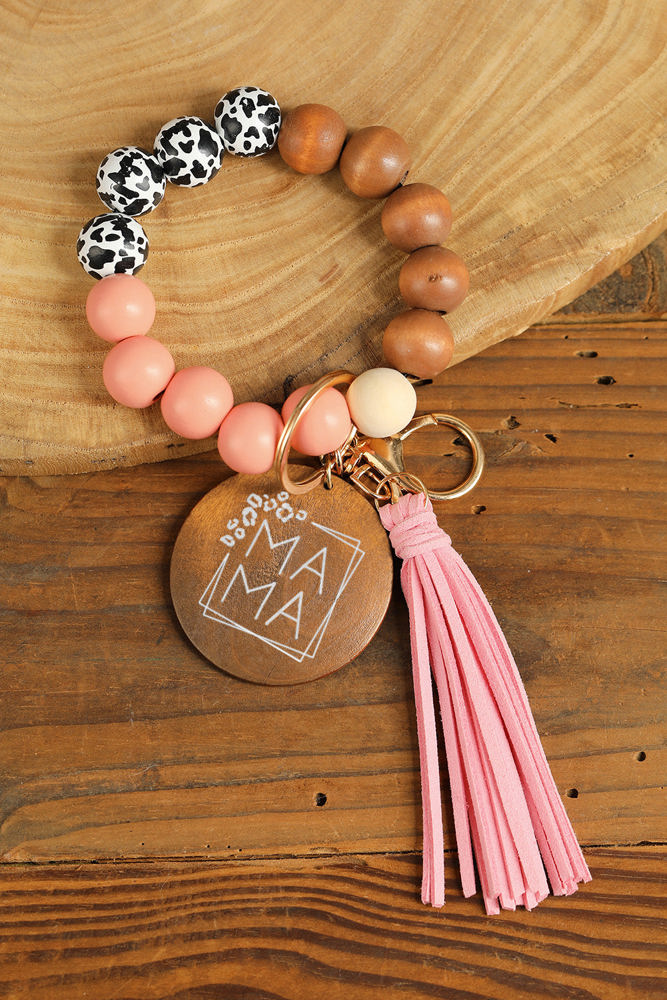 MAMA Wood Pendant Leopard Fringe Keychain