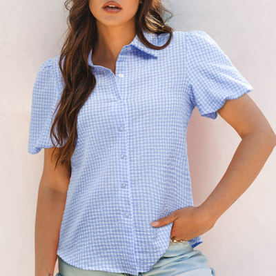 Mandy Gingham Short Puff Sleeve Button Up Top