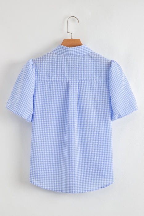 Mandy Gingham Short Puff Sleeve Button Up Top