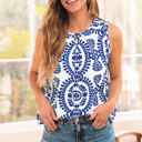Blue XL Marilyn Vintage Pin tuck Crew Neck Tank Top