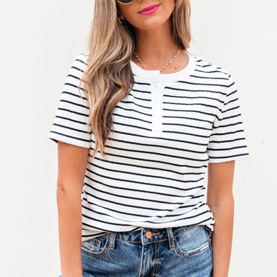 Marleigh Stripe Textured Buttoned Henley Top