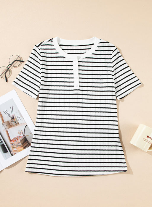 Marleigh Stripe Textured Buttoned Henley Top