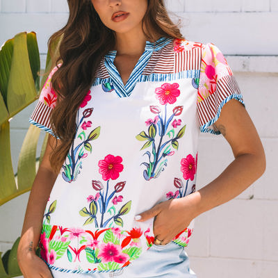 Maya Floral Striped Split Neck Blouse