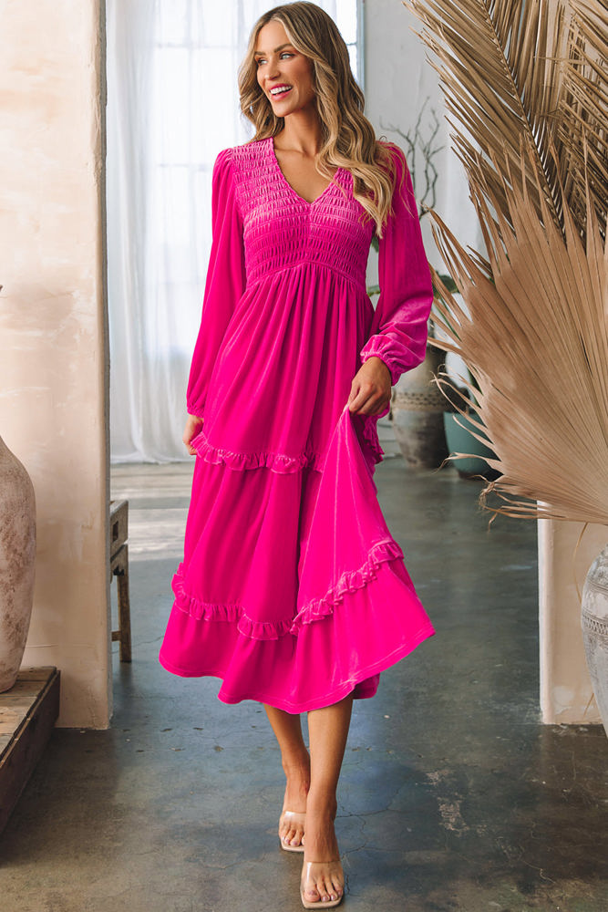 Maya Shirred V Neck Long Sleeve Velvet Dress