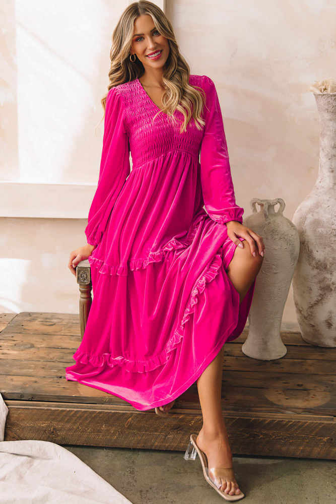 Maya Shirred V Neck Long Sleeve Velvet Dress