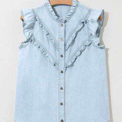 Mazie Mineral Wash Cap Sleeve Frilled Button Up Denim Shirt