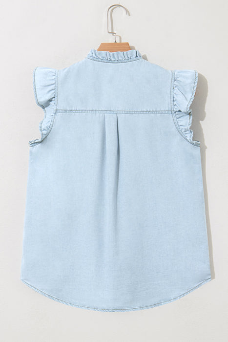 Mazie Mineral Wash Cap Sleeve Frilled Button Up Denim Shirt