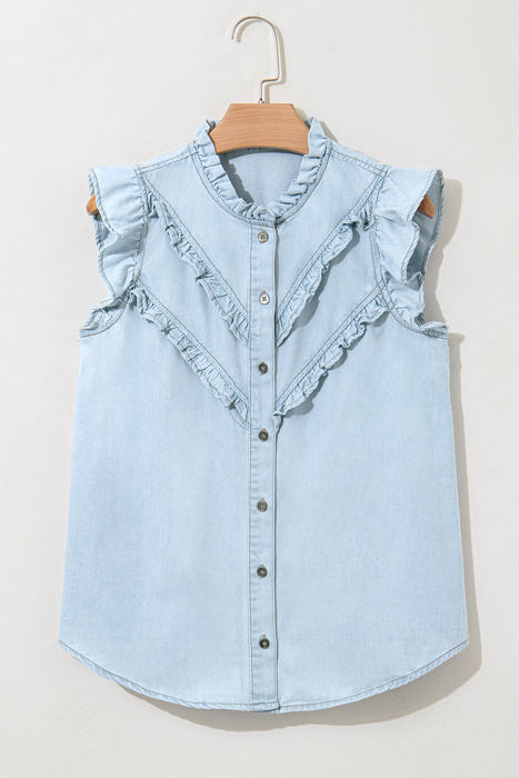 Mazie Mineral Wash Cap Sleeve Frilled Button Up Denim Shirt