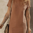 Brown XL Mckenna Striped Ribbed Knit T-shirt Shift Dress