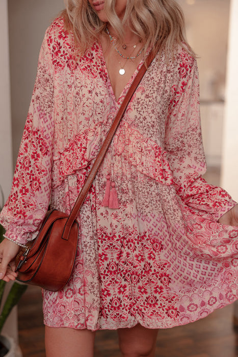 Melody Floral Tassel Tie Long Sleeve Mini Dress