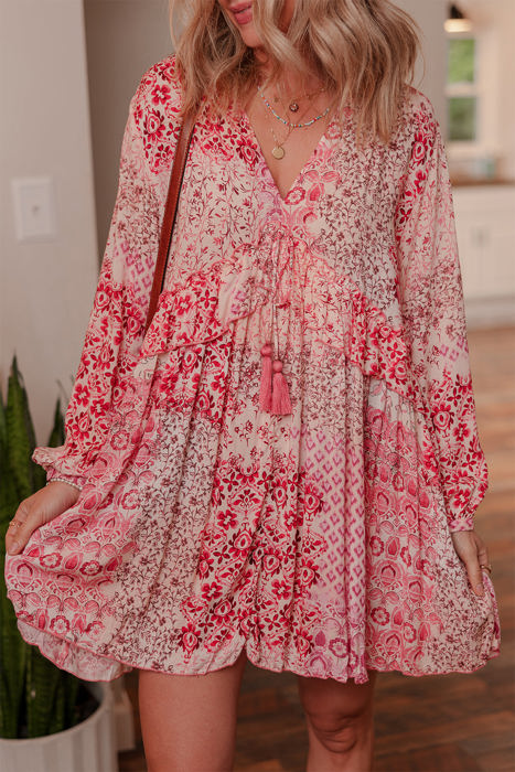 Melody Floral Tassel Tie Long Sleeve Mini Dress
