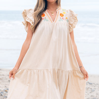 Meredith Embroidery Split Neck Short Dress