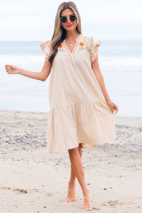 Meredith Embroidery Split Neck Short Dress