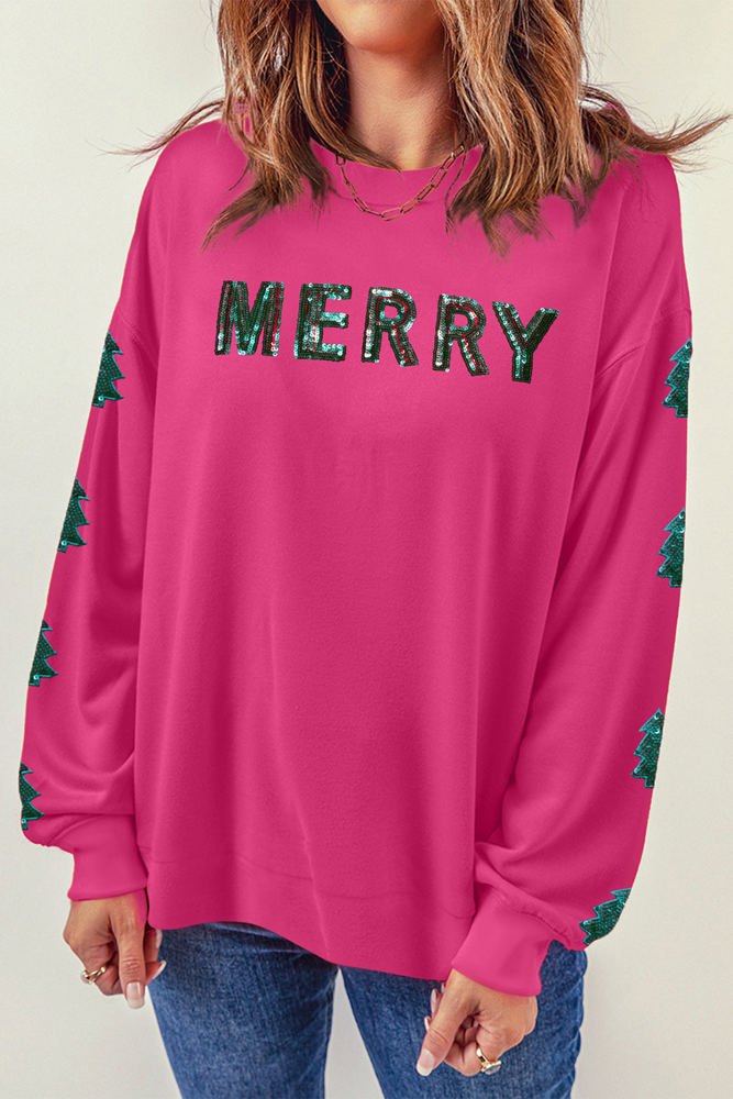 MERRY Christmas Tree Sequin Patchwork Sweatshirt