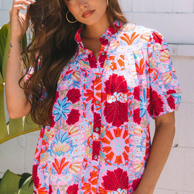 Mikaela Floral Bubble Sleeve Button Up Pleated Shirt
