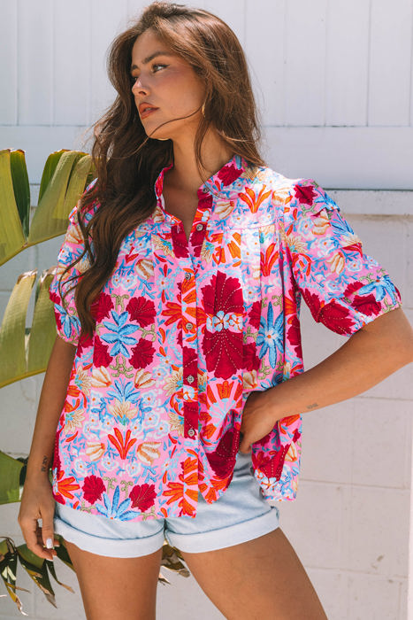 Mikaela Floral Bubble Sleeve Button Up Pleated Shirt