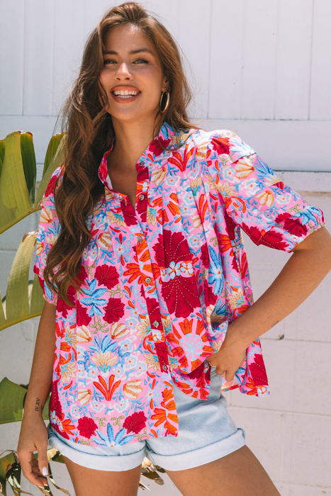 Mikaela Floral Bubble Sleeve Button Up Pleated Shirt