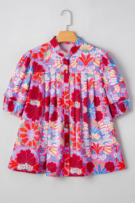 Mikaela Floral Bubble Sleeve Button Up Pleated Shirt