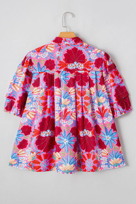 Mikaela Floral Bubble Sleeve Button Up Pleated Shirt