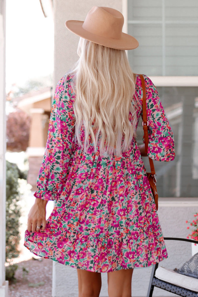 Mikaela Smocked V Neck Puffy Sleeve Floral Dress