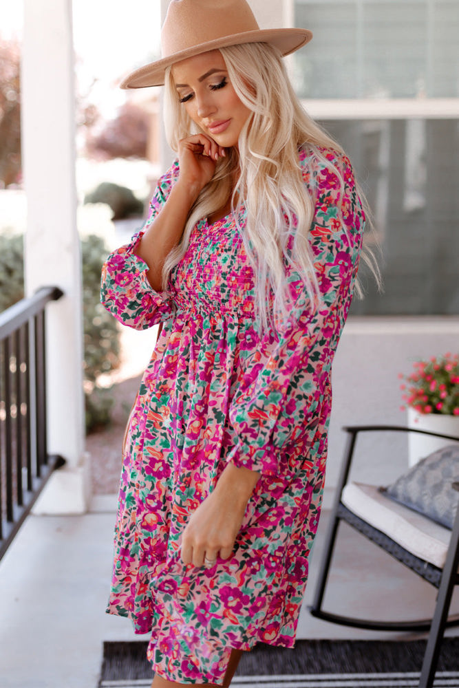 Mikaela Smocked V Neck Puffy Sleeve Floral Dress